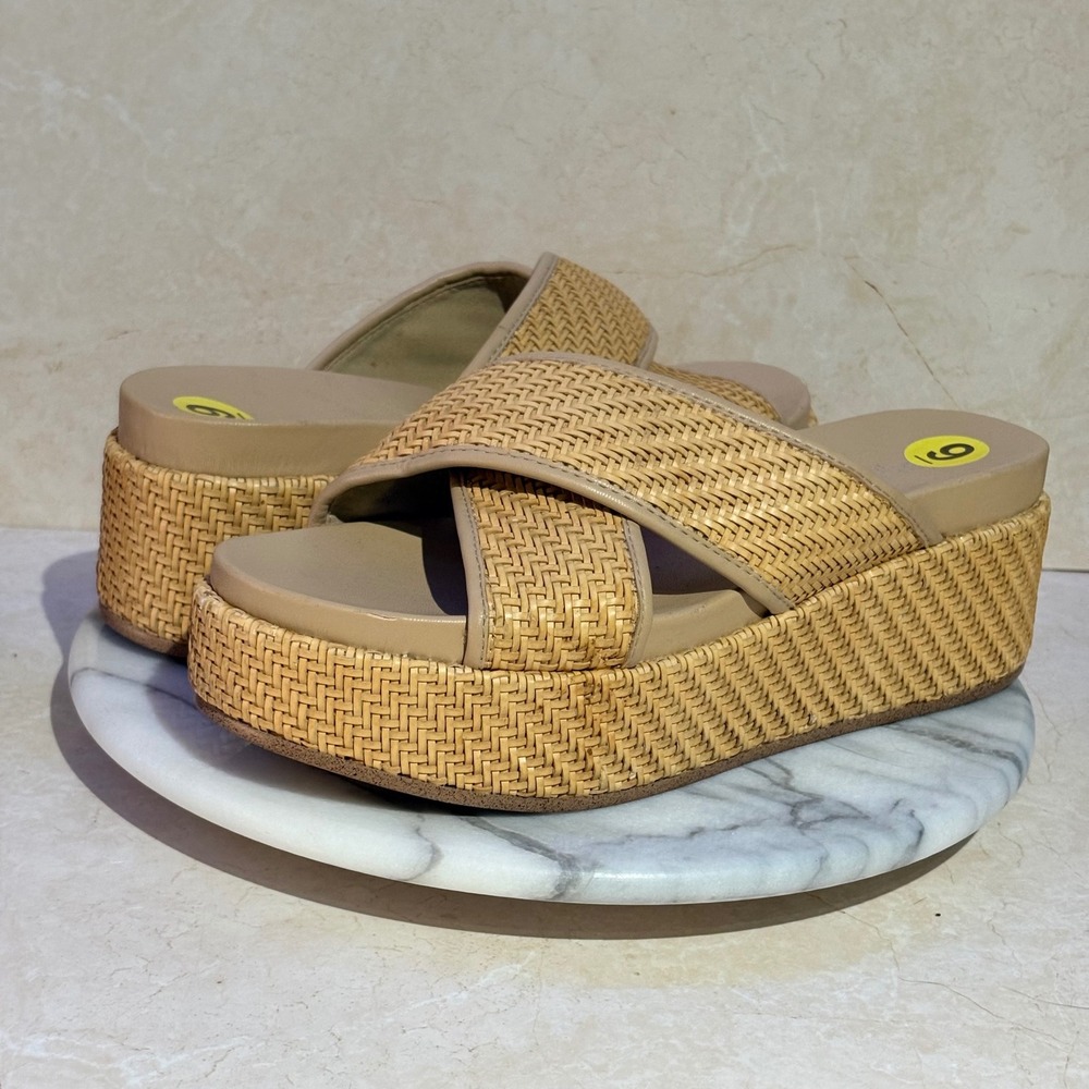 J/Slides NYC Woven Crisscross Platform Sandals Tan Raffia Style Womens 9M Beach